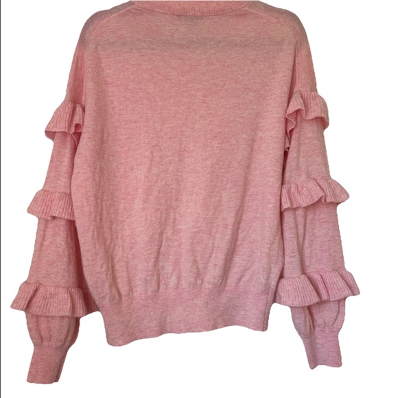 J. Crew Wool Bubblegum Pink Ruffle Sleeve Sweater Crew Neck Size Medium - Picture 2 of 7
